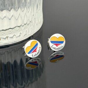 Colombia Heart Flag Earrings S925 Sterling Silver Handmade Ear Stud